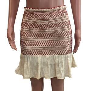 Mes Demoiselles Paris Thelma Mini Skirt Size XS Cream Red Smocked Ruffle Boho